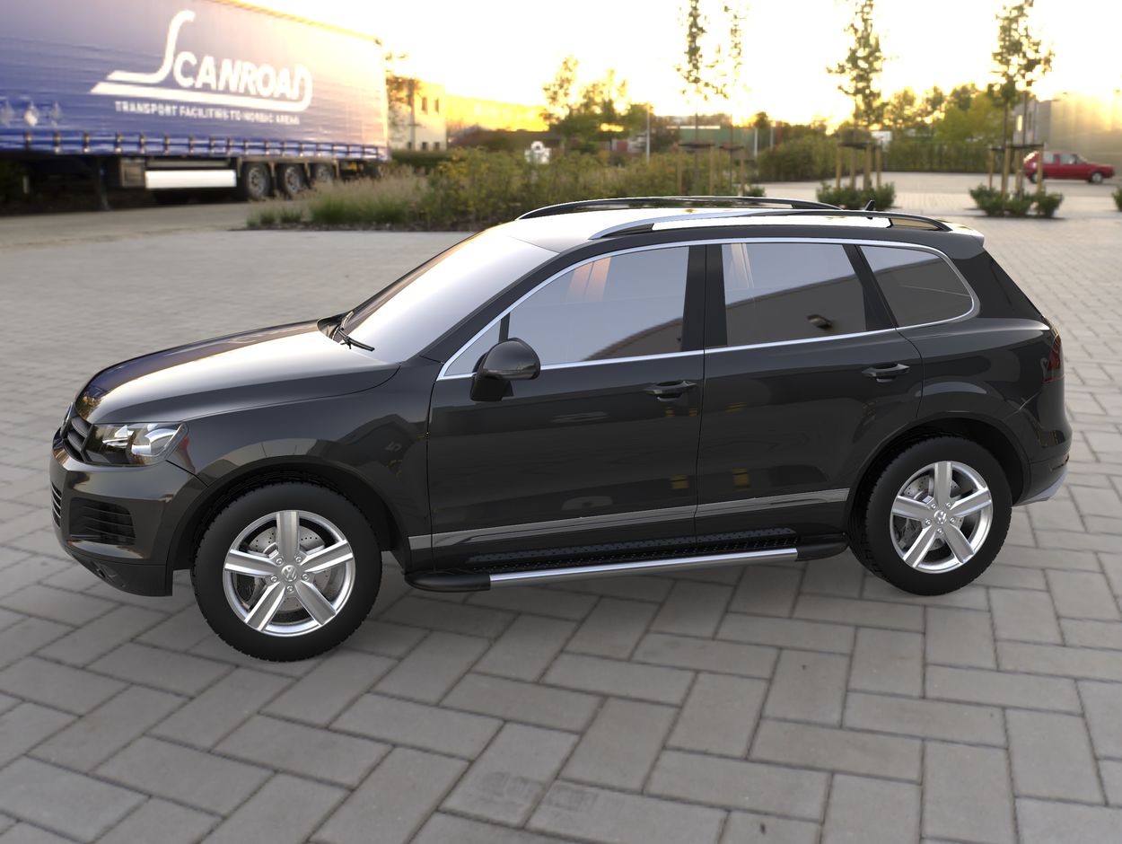 3D визуализация Porsche Cayenne 2003-2010 рр. Бокові пороги Maydos V1 (2 шт., Алюміній ↗ нерж) фото 0°