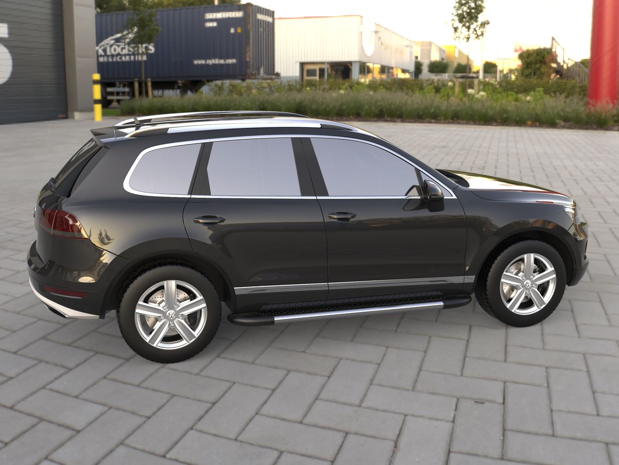 3D визуализация Porsche Cayenne 2003-2010 рр. Бокові пороги Maydos V1 (2 шт., Алюміній ↗ нерж) фото 180°