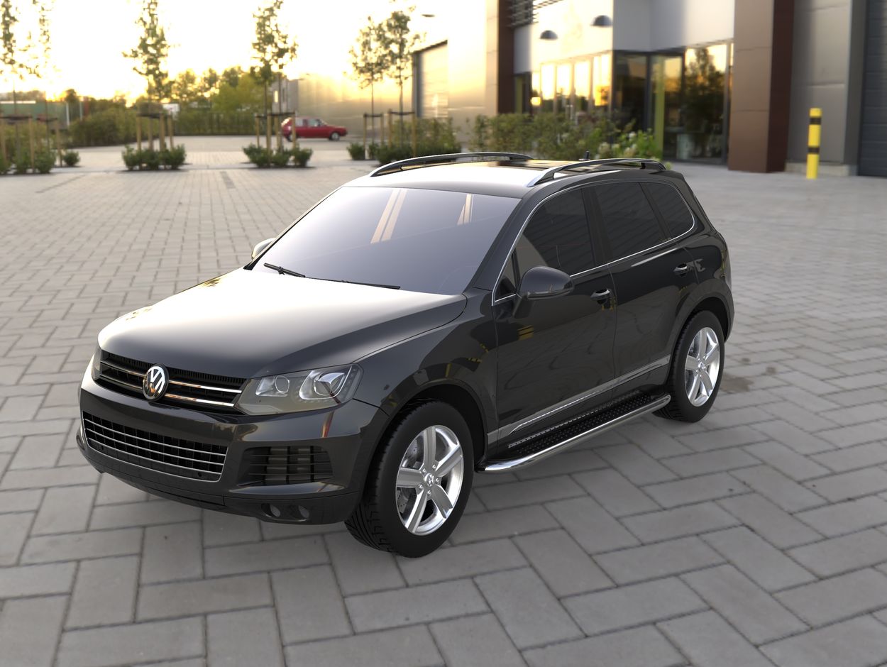 3D визуализация Volkswagen Touareg 2002-2010 гг. Боковые Подножки Maydos V2 (2 шт., Алюминий и Нержавейка) фото 0°