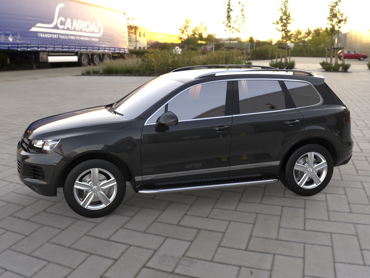 3D визуализация Volkswagen Touareg 2002-2010 гг. Боковые Подножки Maydos V2 (2 шт., Алюминий и Нержавейка) фото 36°