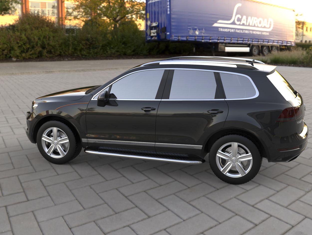 3D визуализация Volkswagen Touareg 2002-2010 гг. Боковые Подножки Maydos V2 (2 шт., Алюминий и Нержавейка) фото 72°