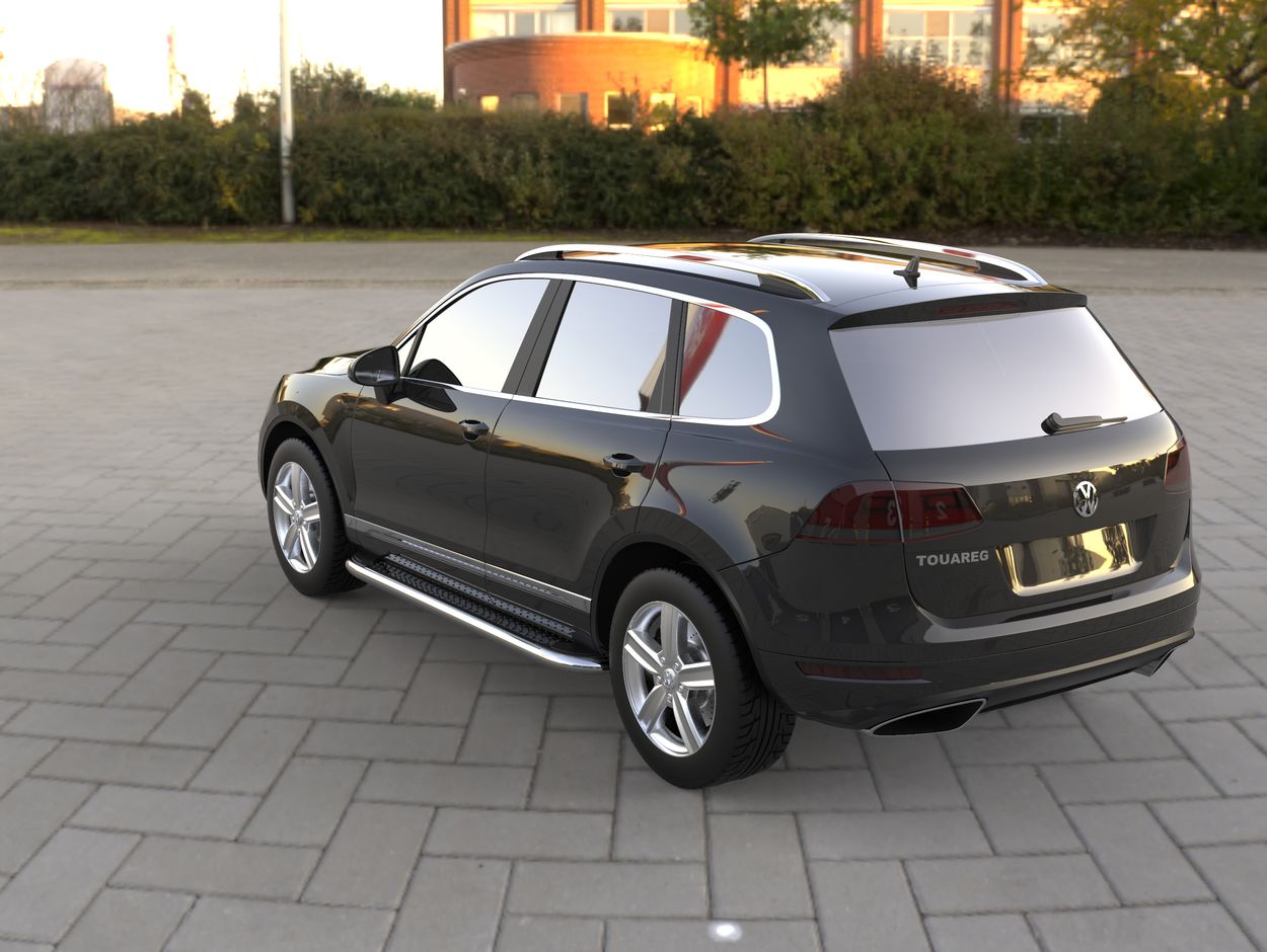 3D визуализация Volkswagen Touareg 2002-2010 гг. Боковые Подножки Maydos V2 (2 шт., Алюминий и Нержавейка) фото 108°