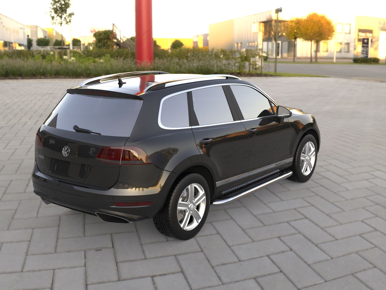 3D визуализация Volkswagen Touareg 2002-2010 гг. Боковые Подножки Maydos V2 (2 шт., Алюминий и Нержавейка) фото 180°