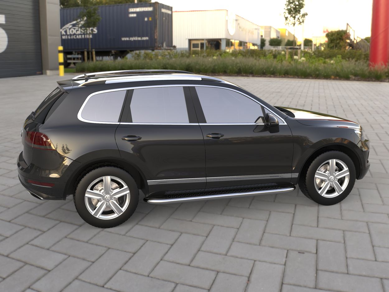 3D визуализация Volkswagen Touareg 2002-2010 гг. Боковые Подножки Maydos V2 (2 шт., Алюминий и Нержавейка) фото 216°