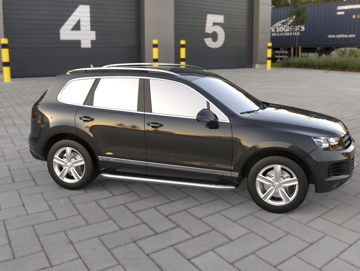 3D визуализация Volkswagen Touareg 2002-2010 гг. Боковые Подножки Maydos V2 (2 шт., Алюминий и Нержавейка) фото 252°
