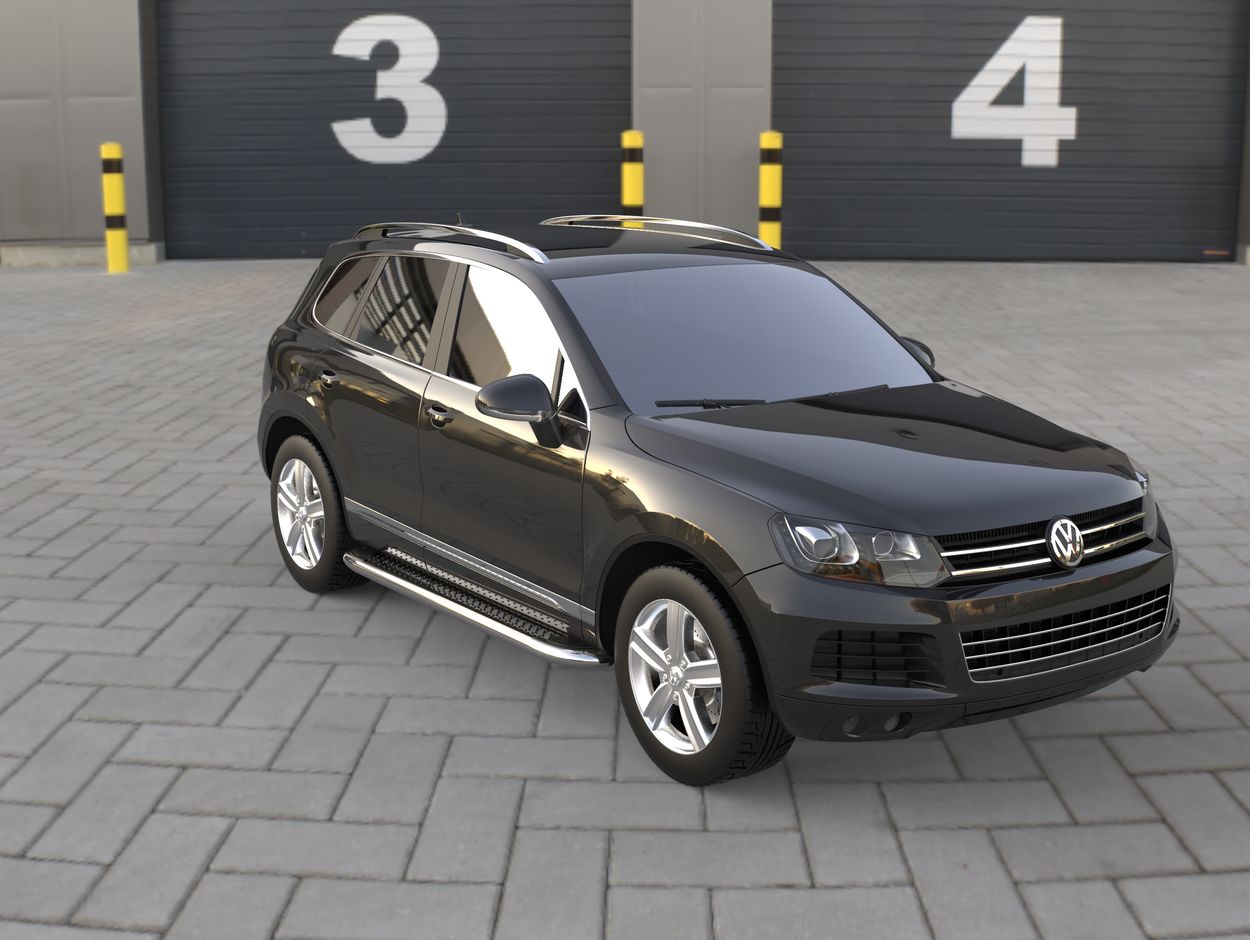 3D визуализация Volkswagen Touareg 2002-2010 гг. Боковые Подножки Maydos V2 (2 шт., Алюминий и Нержавейка) фото 288°