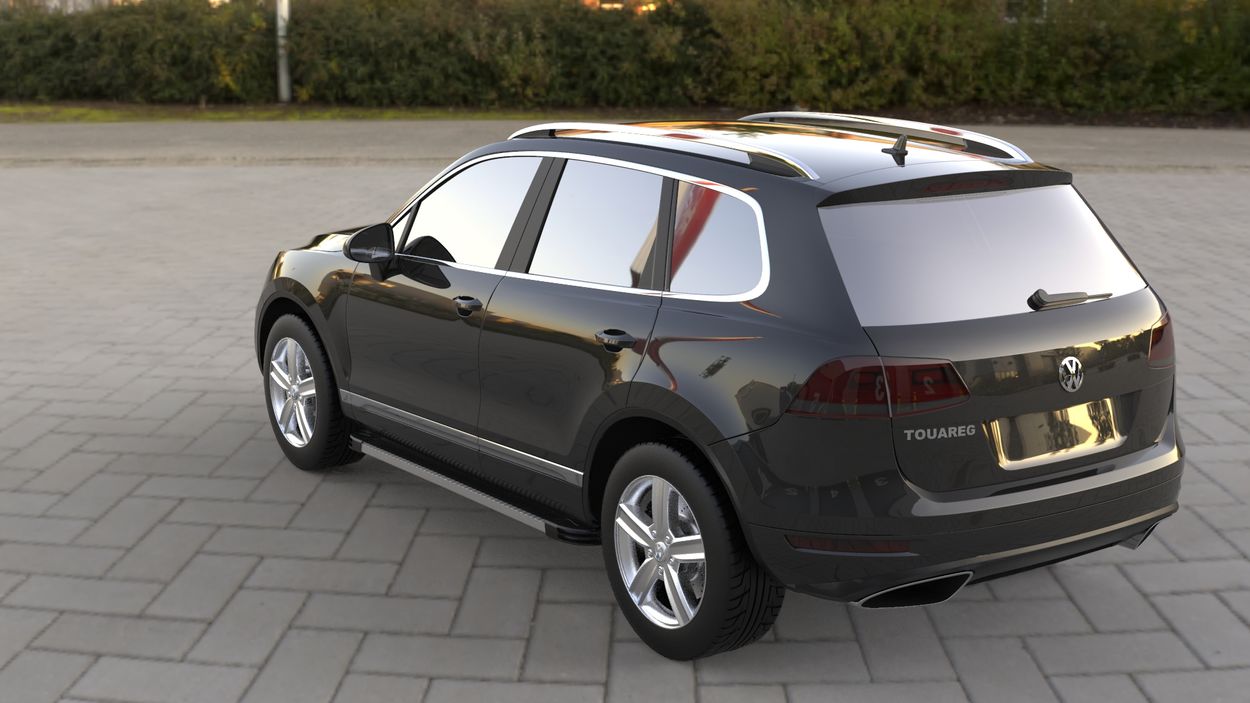 3D визуализация Porsche Cayenne 2003-2010 гг. Боковые Подножки Maya V1 (2 шт., Алюминий) фото 180°