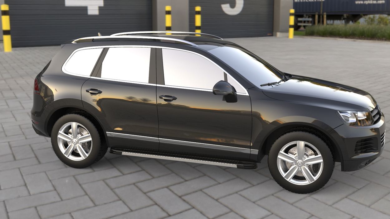 3D визуализация Porsche Cayenne 2003-2010 гг. Боковые Подножки Maya V1 (2 шт., Алюминий) фото 324°